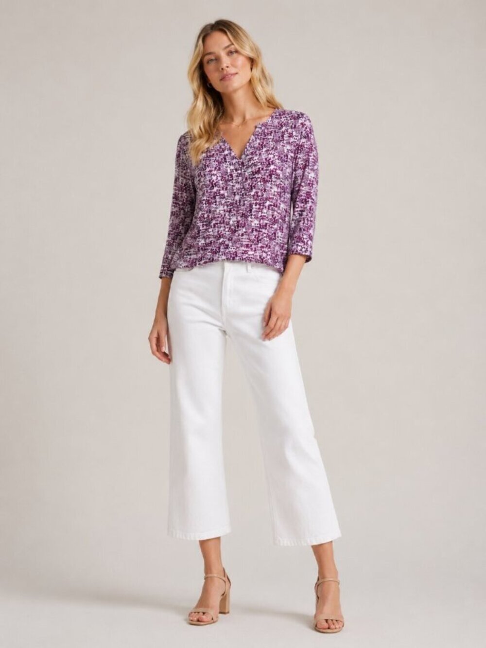 NWT White House Black Market 3/4 Sleeve VNeck Tee Mini Mix Virtual Violet S